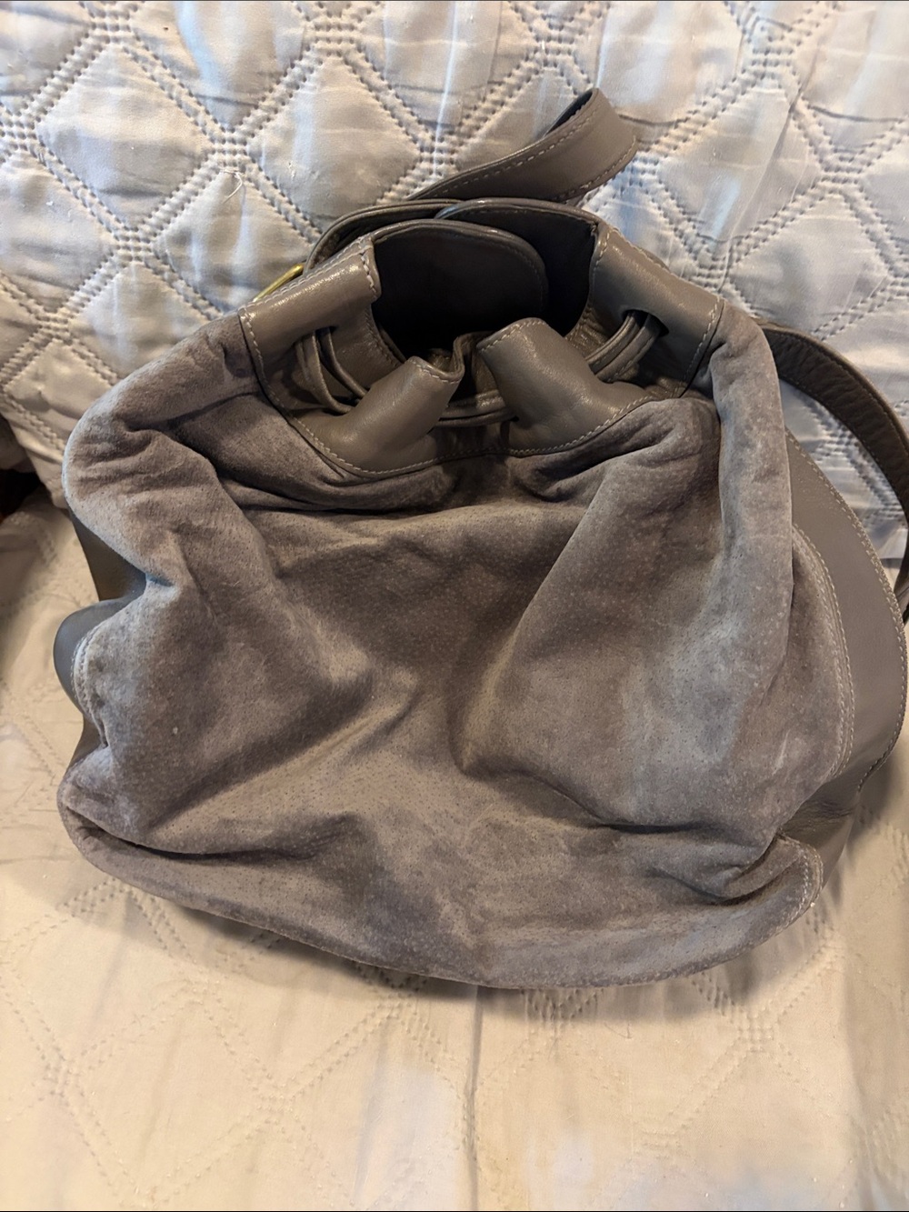 Anne Klein Gray Suede Drawstring Hobo Shoulder Bag